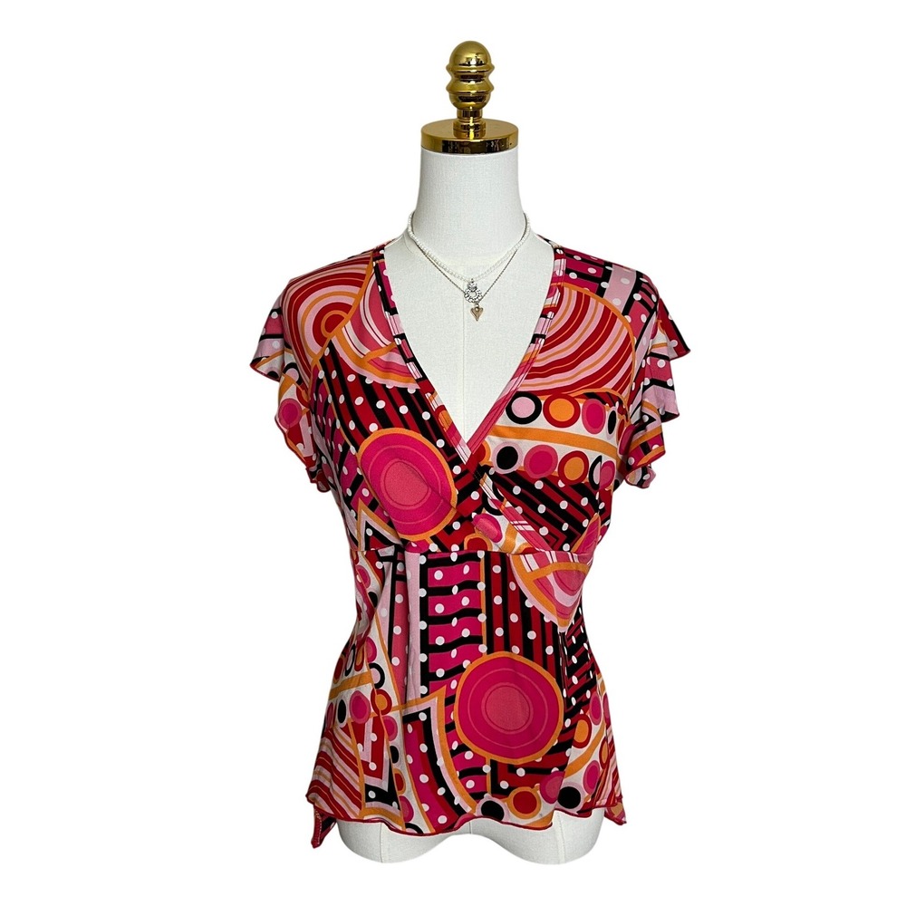 Retro Geometric Print Flutter Sleeve V-Neck‎ Top Pink Orange Black